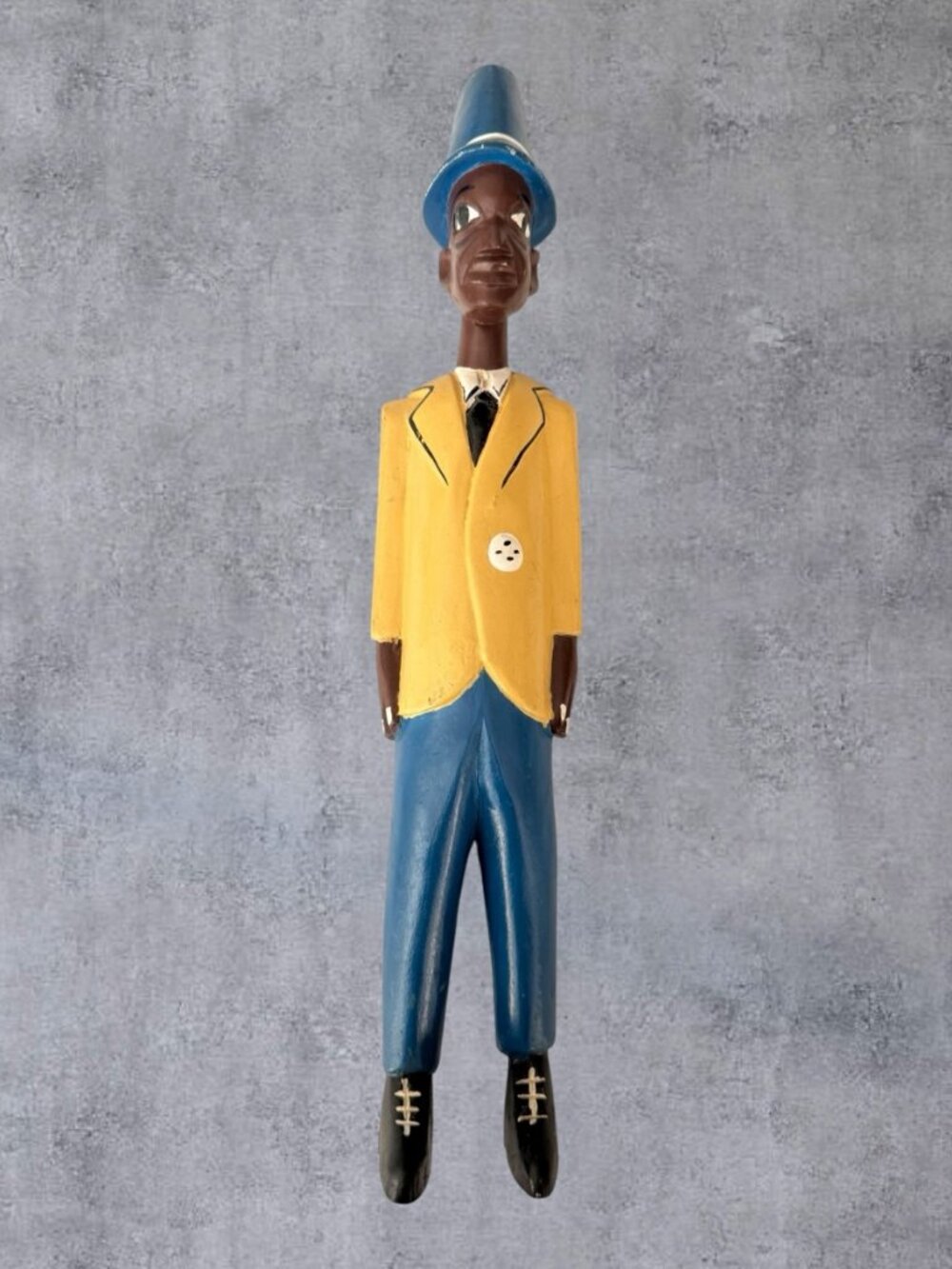 Vintage African Hand Carved Wood Colon Statue Gentleman Figure Yellow Suit 19"